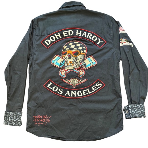 Ed Hardy Button Up Shirt Mens Medium Black Biker Tattoo Graphic Embroidered